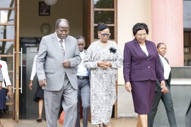 Chief Justice Martha Koome (center)flanked by St.Paul's university Chancellor Prof.Margaret Kobia and Vice Chancellor Prof.James Kombo leaves the facility's amphitheatre. The CJ had earlier given a keynote address on re-conceptualizing sustainable development goals. Photo/ Mwaura Kamau.