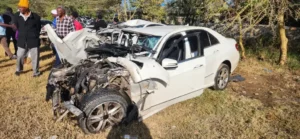 Wreckage of Cyrus Jirongo’s vehicle following the fatal collision on the Nakuru-Nairobi Highway.