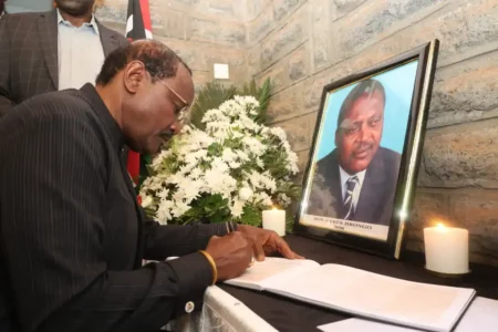 Musyoka Leads Leaders in Mourning Jirongo, Demands Probe Into Accident Kalonzo Musyoka signs the condolence book at the late Cyrus Jirongo's Nairobi residence.